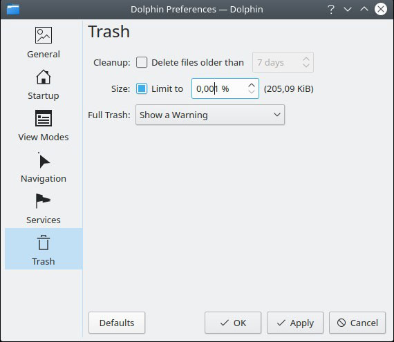 Límite de eliminación de archivos de Linux Dolphin Trash