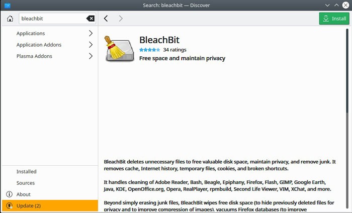 Instalación de Bleachbit de eliminación de archivos de Linux