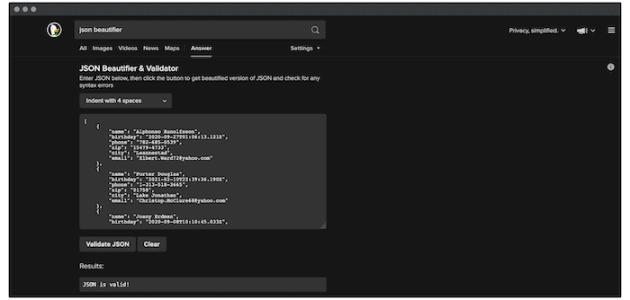 Formateador JSON de DuckDuckGo.