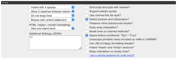 Las opciones para embellecer los archivos JSON.