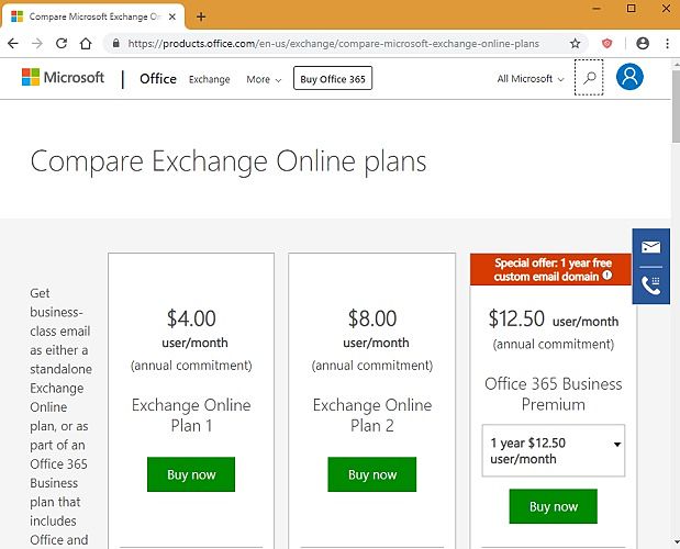 Planes de precios de Microsoft Exchange comparados