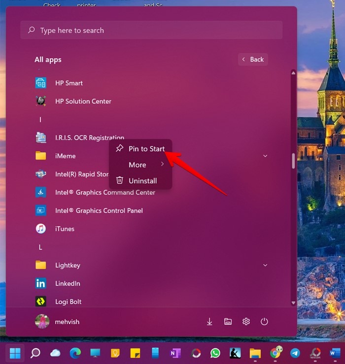 Pin del menú de inicio de Windows 11 para iniciar