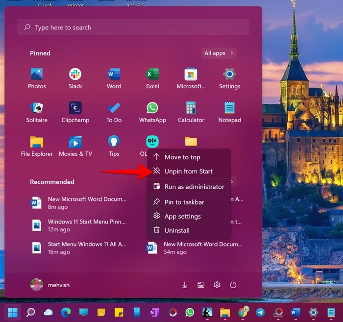 Menú Inicio de Windows 11 Desbloquear aplicación