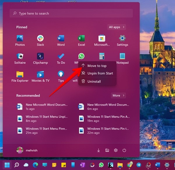 Pin del menú de inicio de Windows 11 en la parte superior