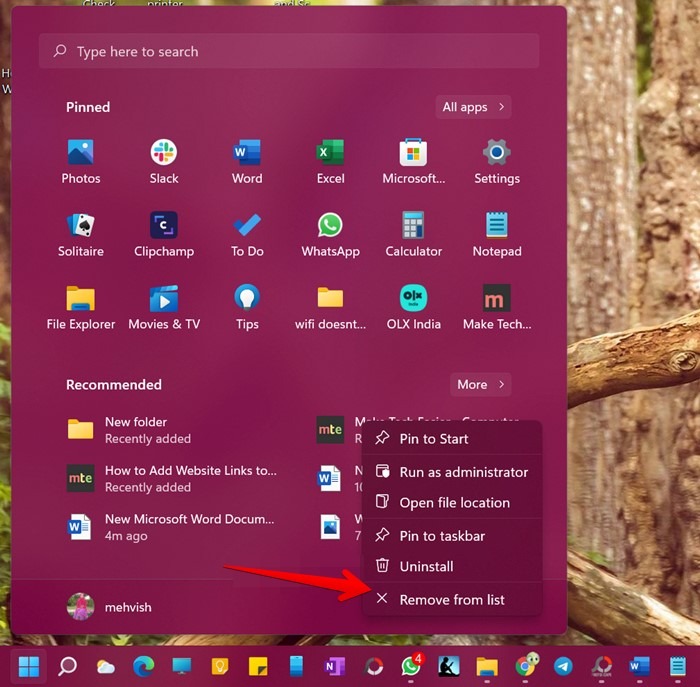 Menú Inicio de Windows 11 Eliminar elemento recomendado