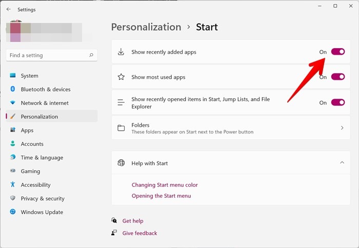 Configuración de Windows 11 Personalización Agregado recientemente