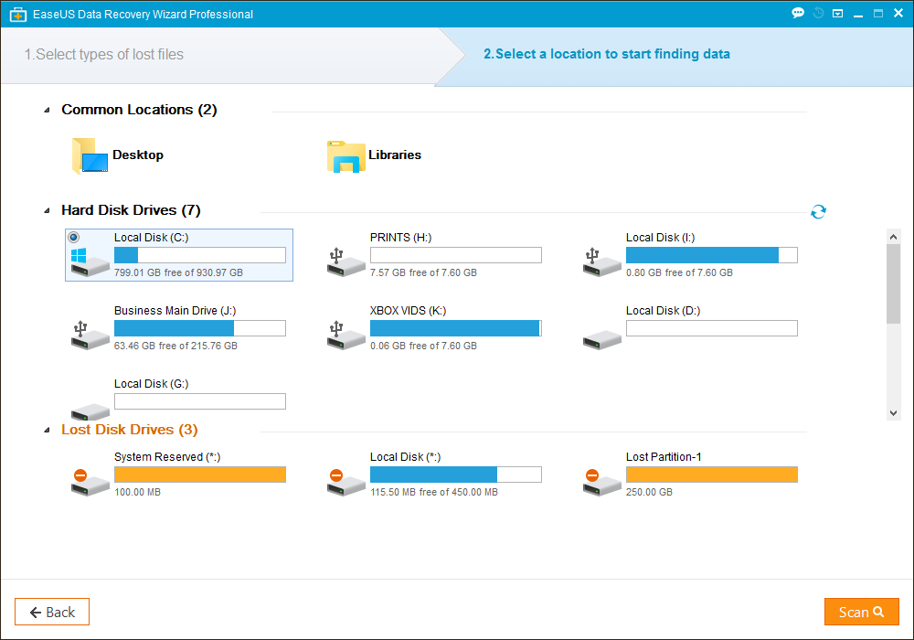 EaseUS Data Recovery elige la ubicación.