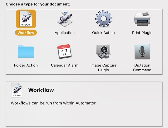 Cómo usar Mac Automator Elección del flujo de trabajo