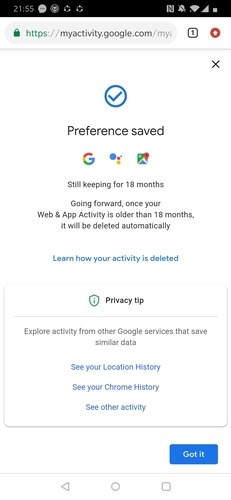 Preferencia de actividad web de Chrome guardada