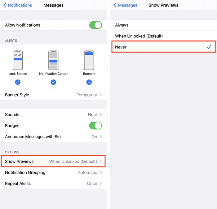 Configuración de privacidad de iOS Mostrar vistas previas de mensajes