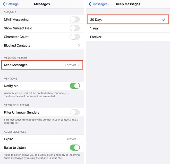 Configuración de privacidad de iOS Mensajes de eliminación automática
