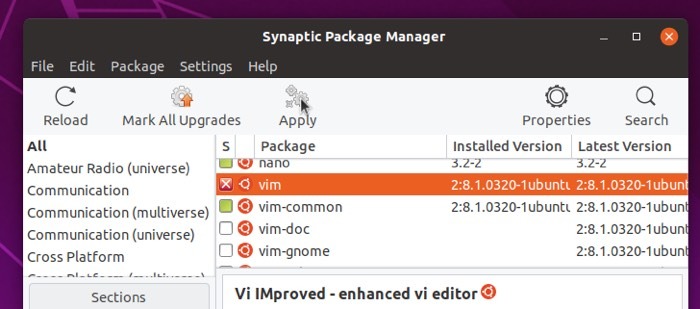 Eliminar completamente el programa Linux Synaptic Aplicar Eliminar