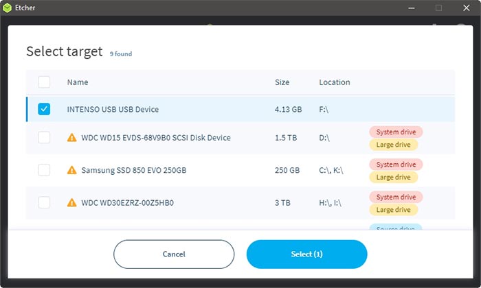 Imágenes Flash OS con unidades de sistema ocultas Balenaetcher