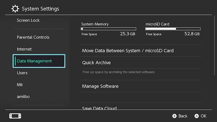 Gestión de datos de transferencia de microsd de Nintendo Switch