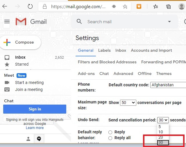 Período de cancelación de cancelación de envío de Gmail