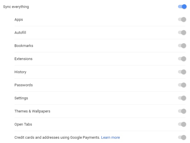 Opciones de sincronización de Chrome