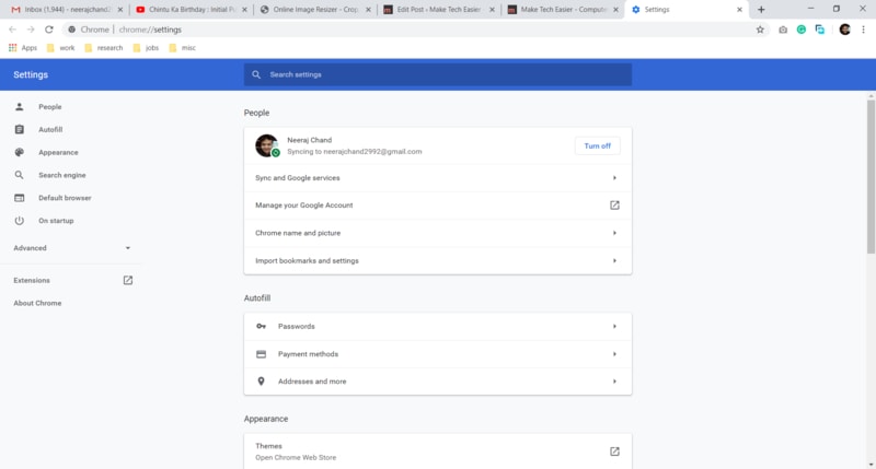 Página de configuración de Chrome