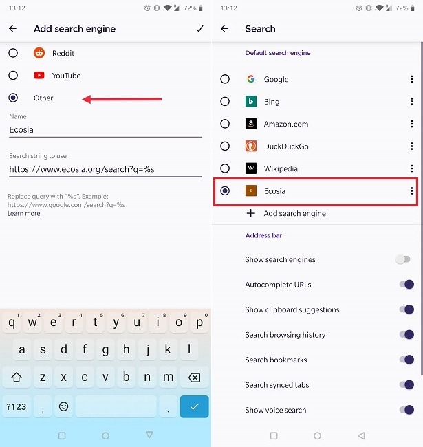 Cómo cambiar el motor de búsqueda predeterminado Android Dirección de entrada de Firefox Ecosia agregado