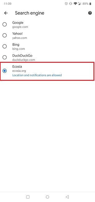 Cómo cambiar el motor de búsqueda predeterminado Android Chrome Habilitar Ecosia