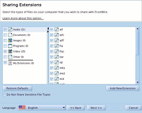 Tipos de archivo Frostwire