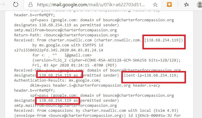 Dirección IP de Gmail Encabezado original 1