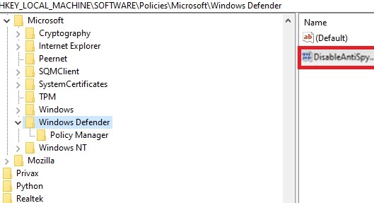 La configuración del administrador de Windows Defender se convirtió en deshabilitar el antispyware