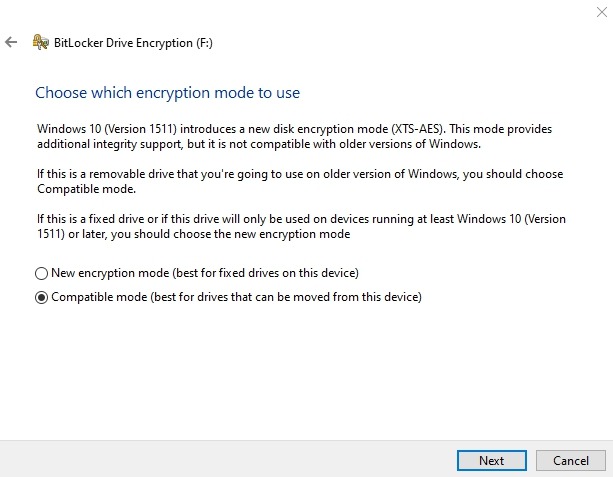 Cifrar unidad USB Unidad Windows 10 Modo de cifrado Bitlocker