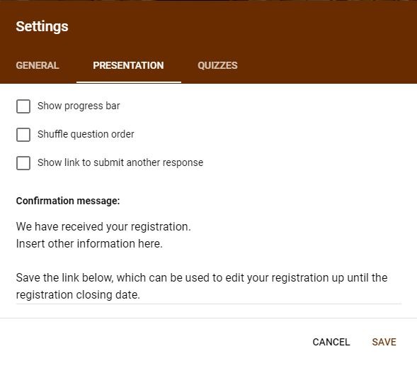 Configuración de presentación de registro de formularios de Google
