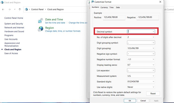 El parámetro Windows11 10 es un reloj y un símbolo decimal de región incorrectos