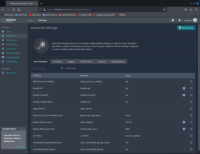 Página de configuración de Nessus