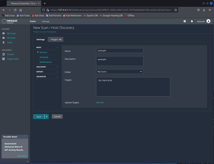 Nueva página de configuración de análisis de Nessus