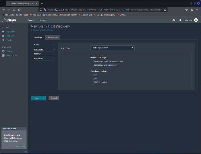 Página de configuración de Nessus New Scan Discovery