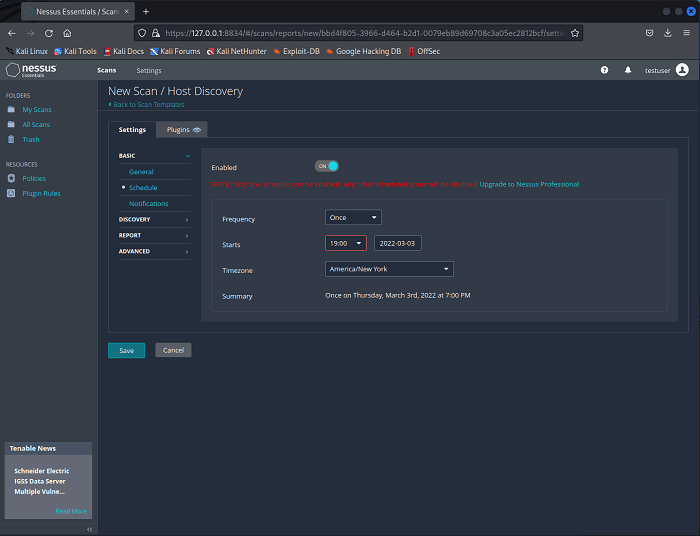 Nueva página de programación de análisis de Nessus