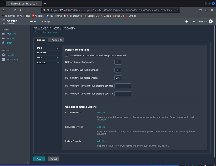 Página de configuración avanzada de Nessus New Scan