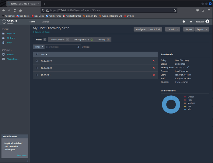 Página de resultados del análisis de Nessus