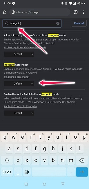 Tomar capturas de pantalla Modo incógnito Android Chrome Habilitar bandera