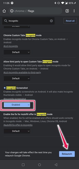 Tomar capturas de pantalla Modo incógnito Android Chrome Reiniciar navegador