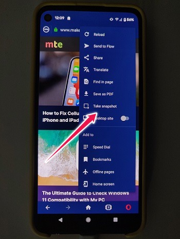 Tomar capturas de pantalla Modo incógnito Android Opera Tomar instantánea