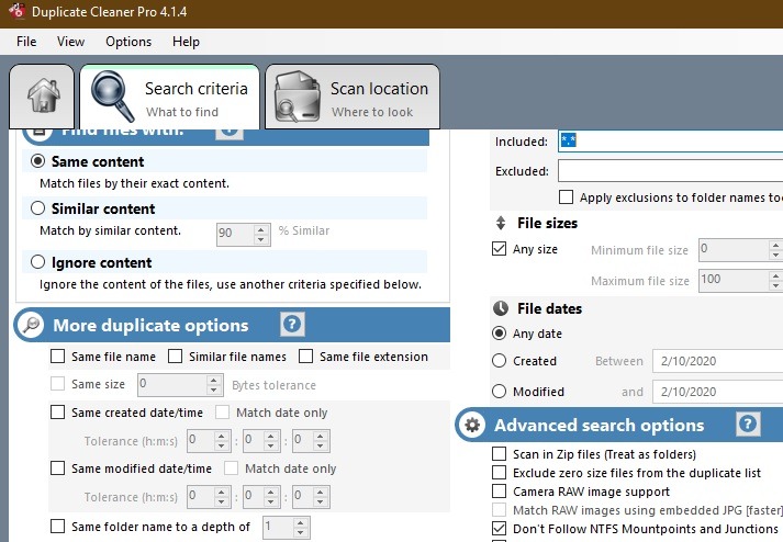 Eliminar archivos duplicados Criterios de búsqueda de Windows Duplicate Cleaner Pro
