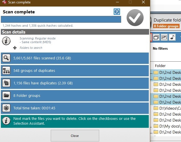 Eliminar archivos duplicados Resultados de escaneo de Windows Duplicate Cleaner Pro