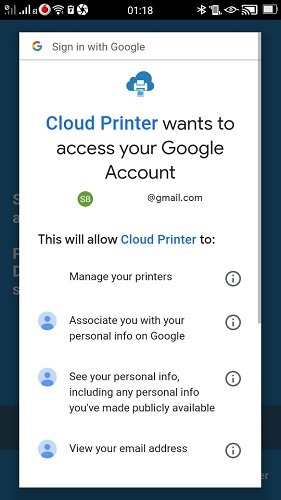 Imprimir con el teléfono Android Permisos de Google Cloud