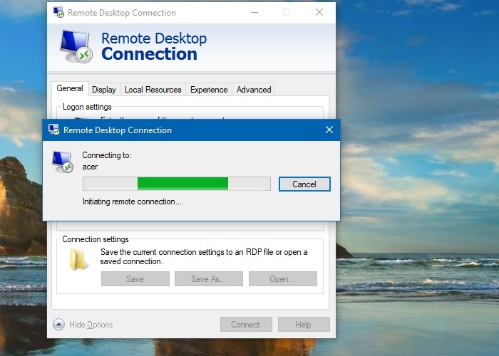 Captura de pantalla Inicio de sesión de Windows Conexión de escritorio remoto