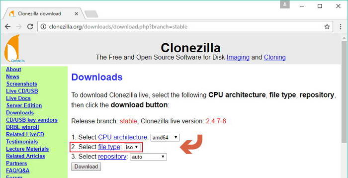 clonezilla-cambiar zip a iso