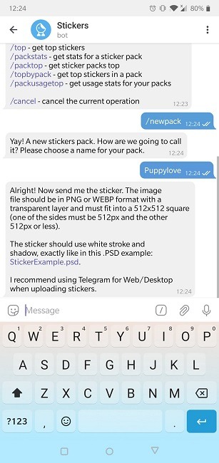 Cómo crear pegatinas Telegram Nombre Nuevo paquete