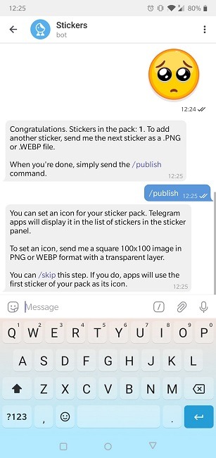 Cómo crear stickers Telegram Publicar nuevo sticker 1