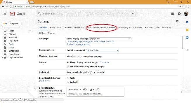 Ubicación de Gmail para filtros y direcciones bloqueadas