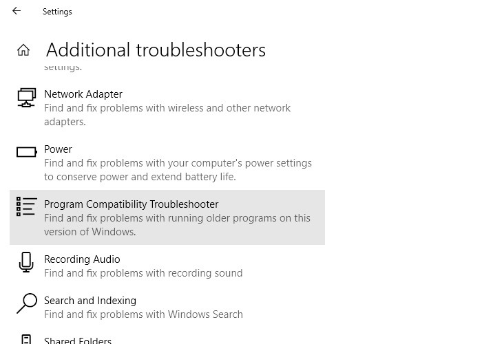 Solucionador de problemas de compatibilidad de programas Windows10 Seleccionar