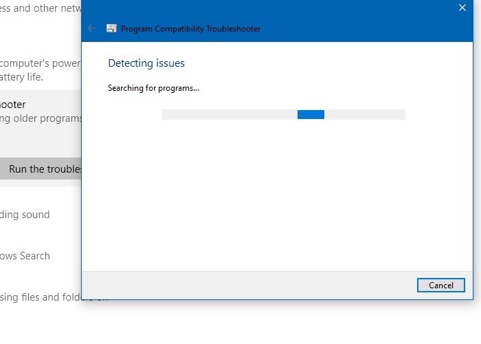 Solucionador de problemas de compatibilidad de programas Windows 10 Búsqueda de programas
