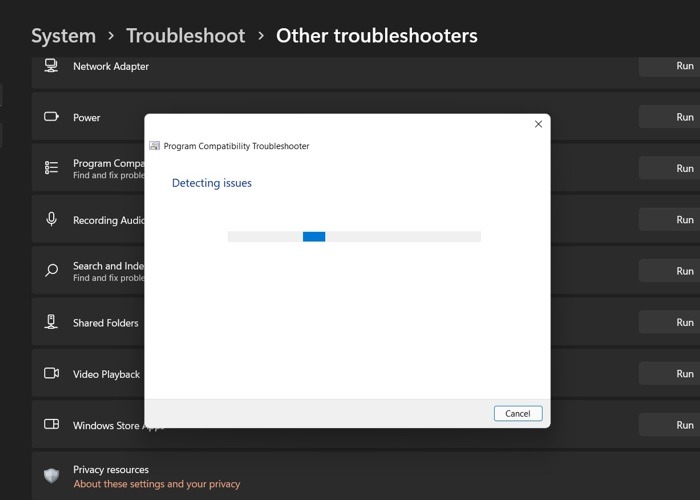 Solucionador de problemas de compatibilidad de programas Windows11 Detección de problemas