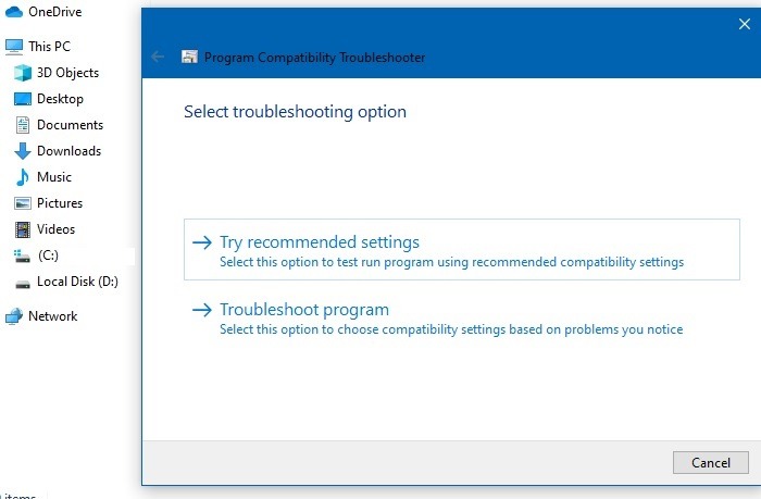 Solucionador de problemas de compatibilidad de programas Pruebe la configuración recomendada